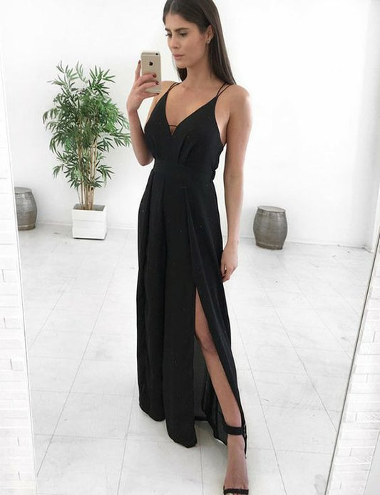 Black Chiffon Party Gowns Split Long Prom Dresses Spaghetti Straps A Line    cg10607