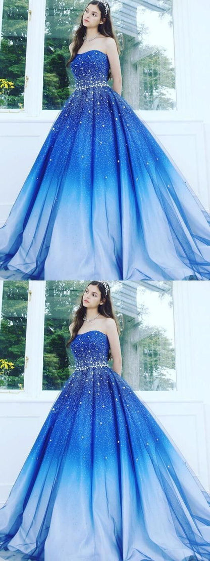 A Line Blue Strapless Sweetheart Ombre Sweep Train Ball Gown Beads Tulle Prom Dresses  cg1063