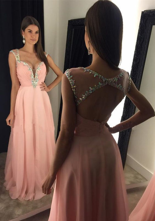 Stunning Beaded Straps Sweetheart Open Back Long Chiffon Prom Dresses    cg10631
