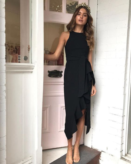 Sheath Round Neck Black Satin Irregular Hem Long Pencil Work Dresses Prom Dress cg10661
