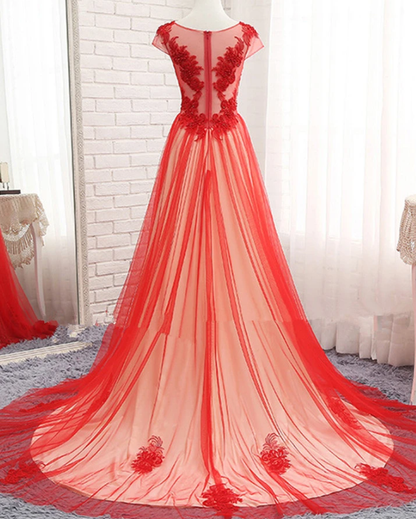 Beautiful Red Tulle Long Cap Sleeves Evening Gown, Long Red Prom Dress   cg10716