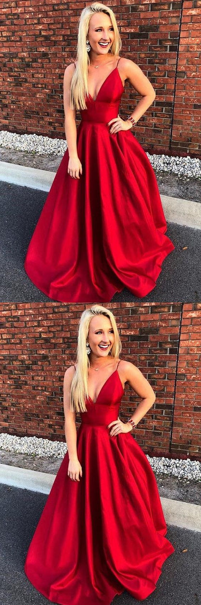 Simple Straps A-line Red Spaghetti Straps V Neck Long Prom Dress cg1073