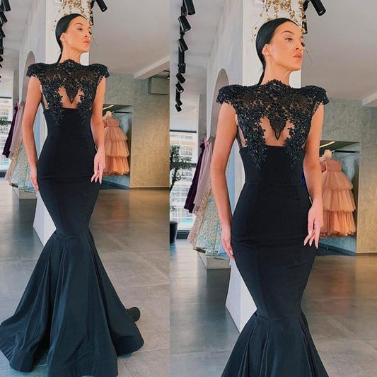black prom dresses crew neckline lace appliques cap sleeve mermaid evening dresses  Prom Dresses    cg10750