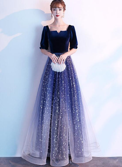 Navy Blue Shiny Tulle And Velvet Long Bridesmaid prom Dress, Wedding Party Dress   cg10754
