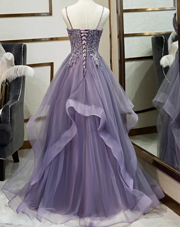 Tulle Long V-Neckline Straps Layers Prom Dress, Evening Gown Formal Dress   cg10787