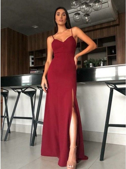 Elegant Spaghetti Straps Burgundy Split Long Formal Prom Dress   cg10794