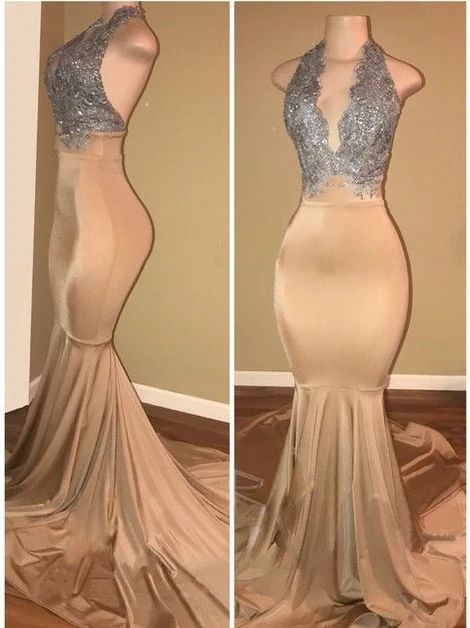 halter prom dresses Sleeveless Mermaid Lace Prom Dress    cg10804