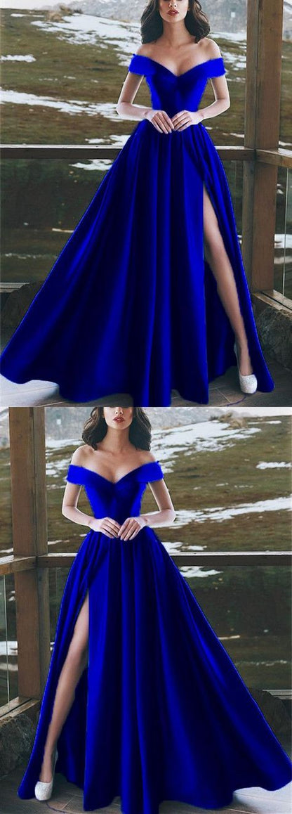 Elegant V-neck Off The Shoulder Long Satin Royal Blue Prom Dresses cg1081