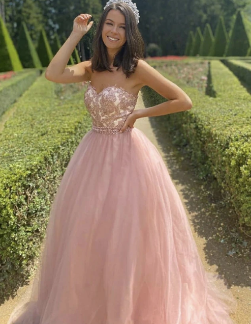 Pink tulle lace long prom dress evening dress   cg10814