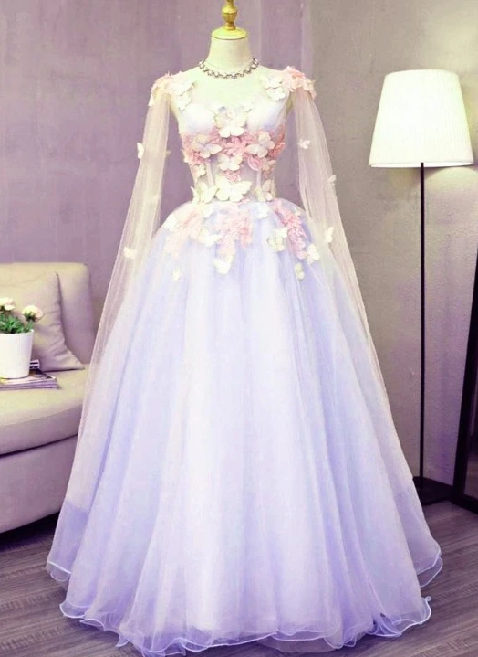 Lovely Tulle Lavender Long Formal prom Dress With Lace Applique, Sweet 16 Dresses   cg10945