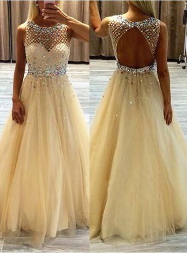 Champagne Tulle Princess/A-Line Backless Beaded Prom Dresses    cg11013