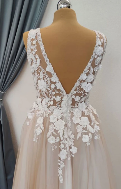 CHAMPAGNE V NECK TULLE LACE LONG PROM DRESS LACE FORMAL DRESS   cg11044