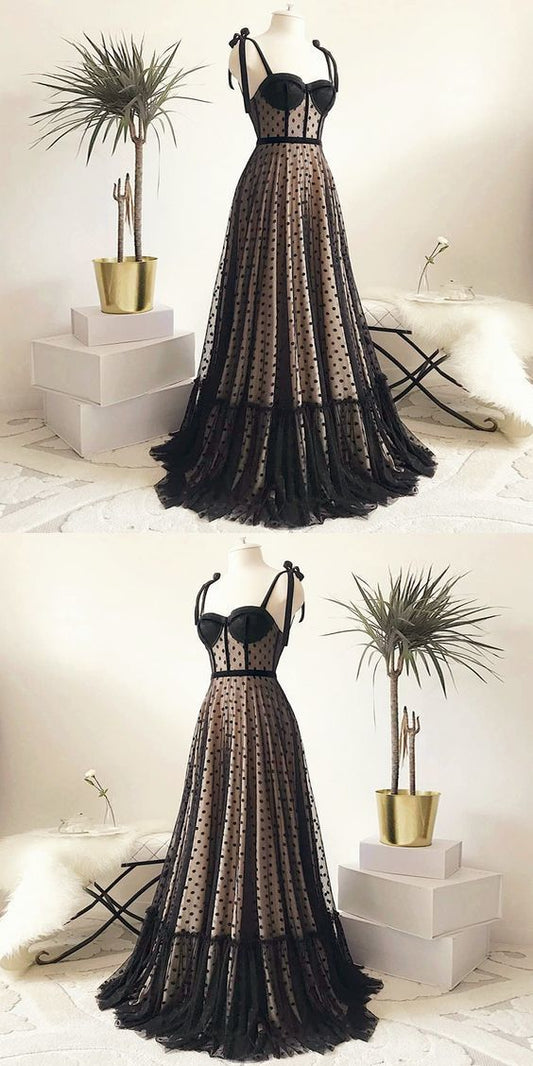 Vintage Polka Dots Spaghetti Straps Black Long Prom Dress   cg11059
