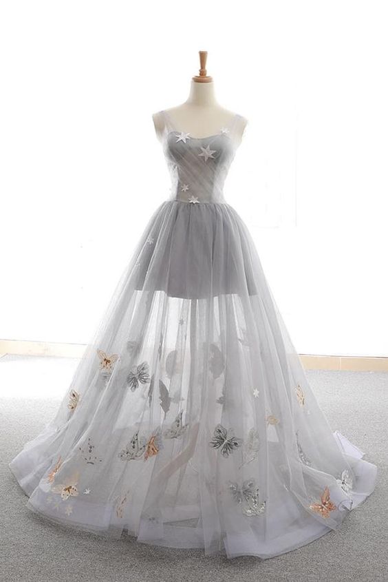 Gray sweetheart tulle long prom dress gray evening dress   cg11060