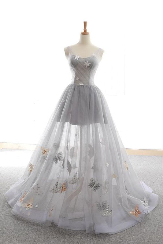 Gray sweetheart tulle long prom dress gray evening dress   cg11060