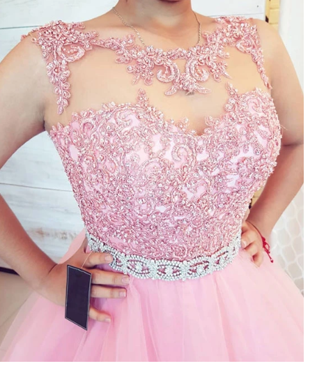 Pink round neck tulle lace long prom dress. pink evening dress   cg11073