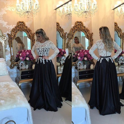 Ivory / Black Satin A Line Long Sleeve Prom Dress, Evening Gown With Lace Top   cg11137