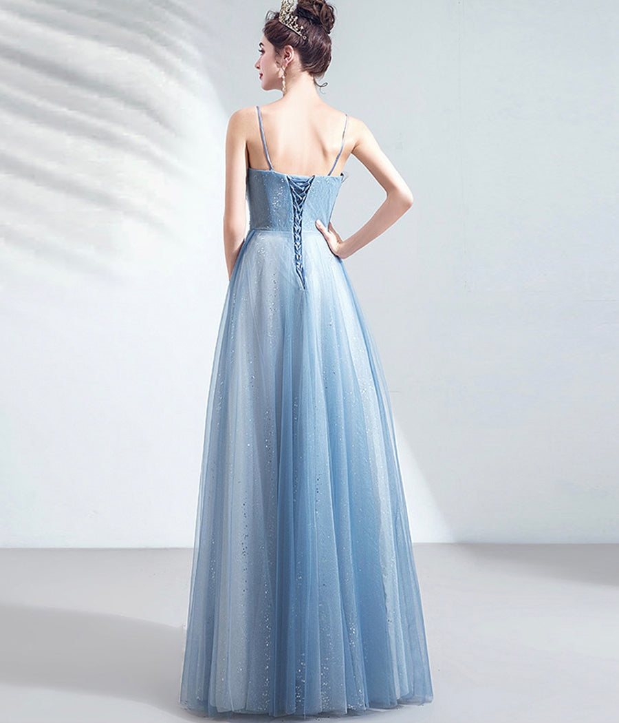 BLUE TULLE LACE LONG PROM GOWN FORMAL DRESS   cg11209