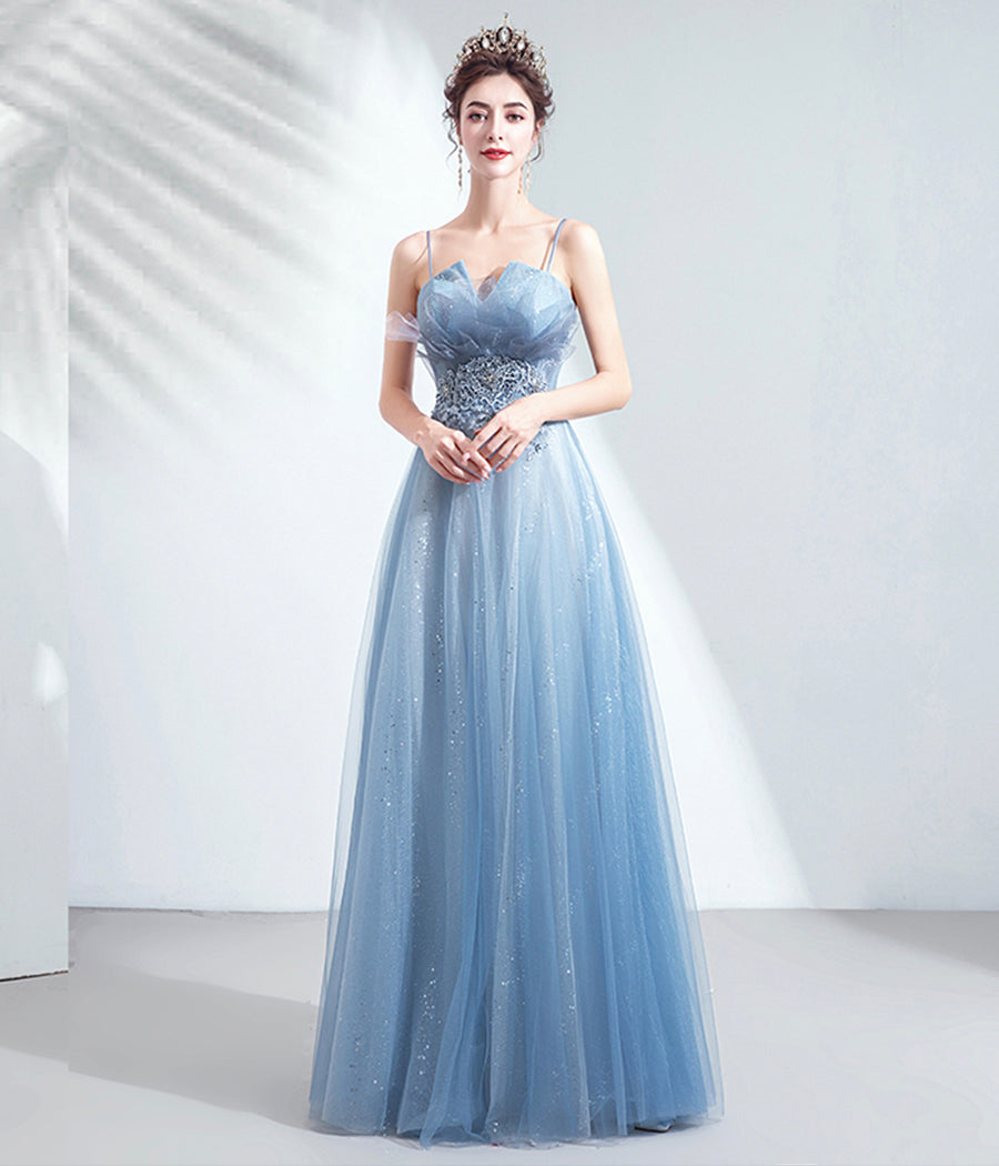BLUE TULLE LACE LONG PROM GOWN FORMAL DRESS   cg11209
