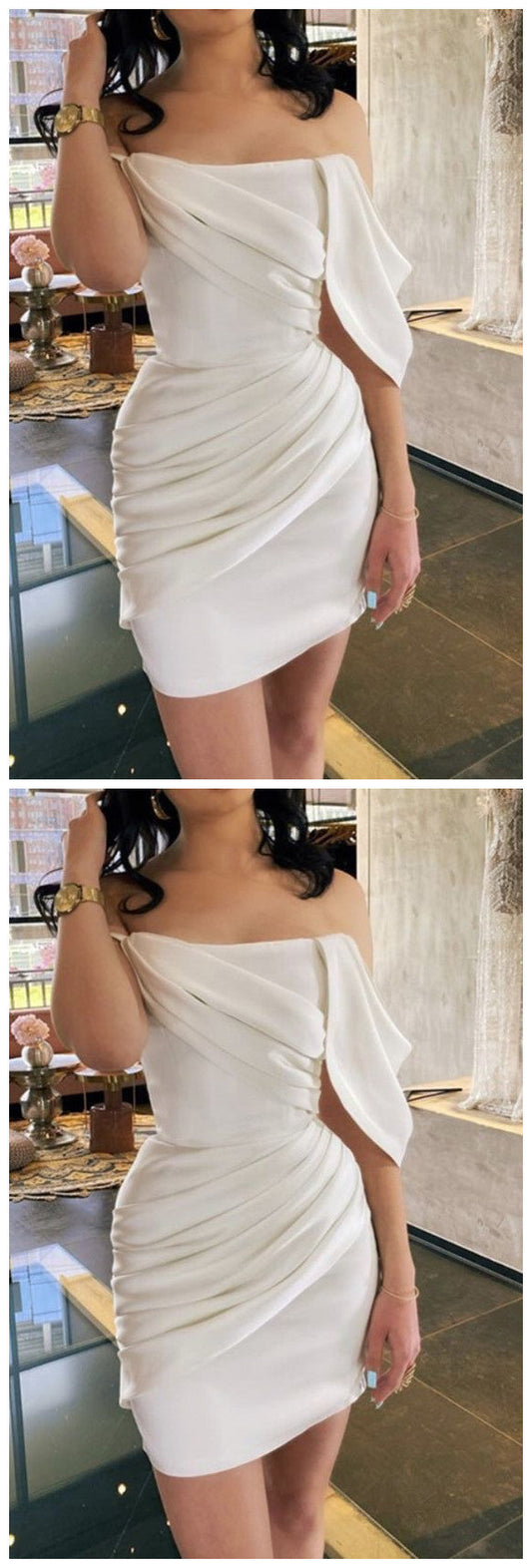 2019 Homecoming dress white satin off the shoulder wedding dress short   cg11231