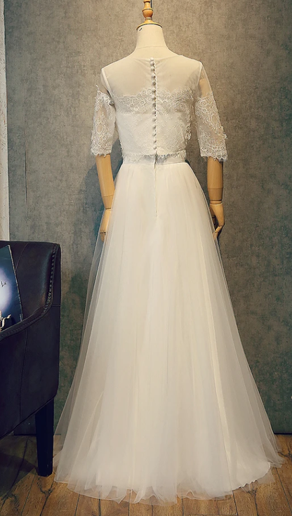 Beautiful White Tulle Two Piece Lace Party Dress, Simple White Evening Gown Prom Dress  cg11242