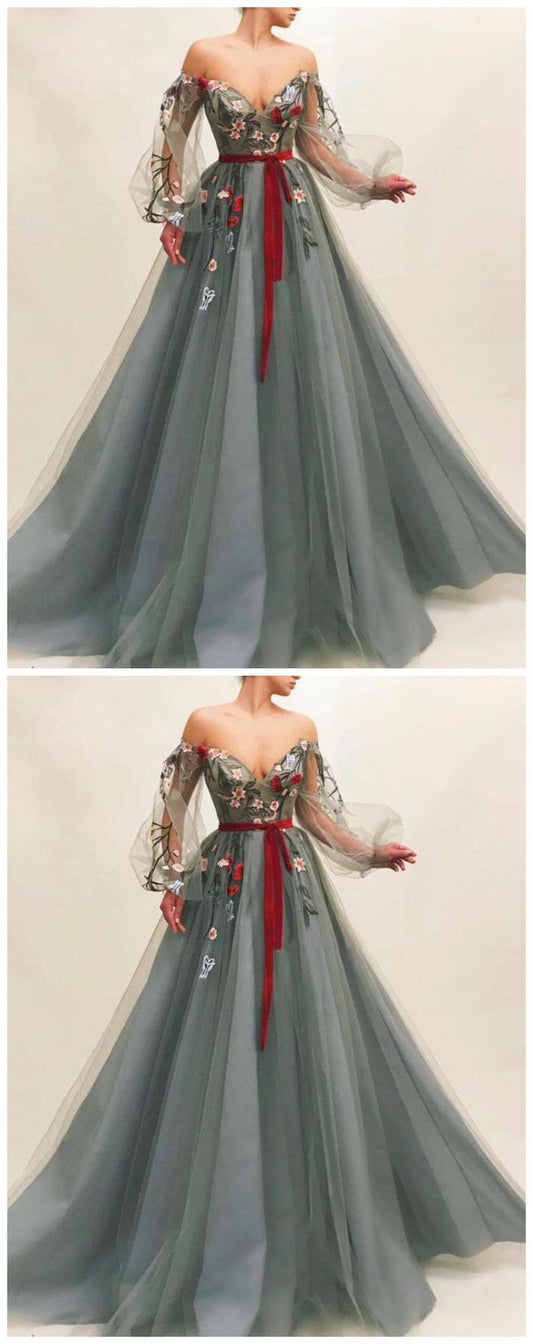 Elegant V neck Tulle Long Prom Dress with Appliques, Formal Evening Dress   cg11248