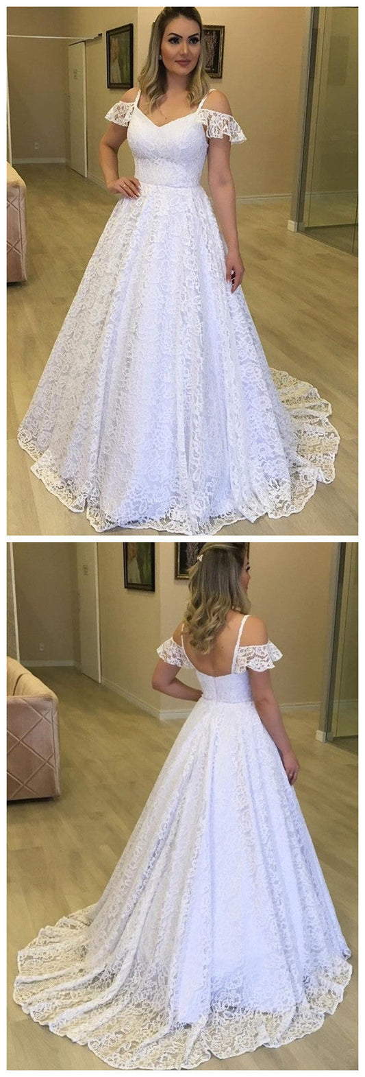 Charming V neck White Lace Open Back Prom Dress   cg11249