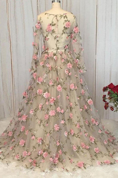 Champagne v neck tulle 3D flowers long prom dress champagne evening dress   cg11306