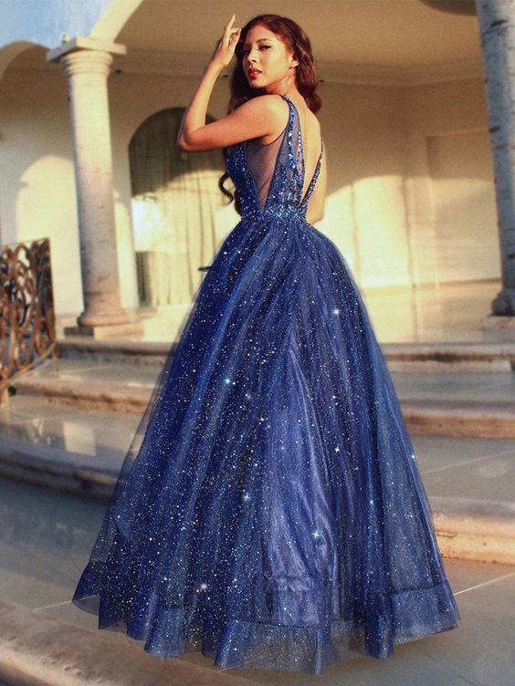 Gorgeous A-Line V Neck Open Back Navy Blue Beaded Long Prom Dresses   cg11391