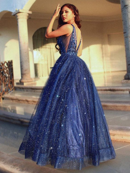 Gorgeous A-Line V Neck Open Back Navy Blue Beaded Long Prom Dresses   cg11391
