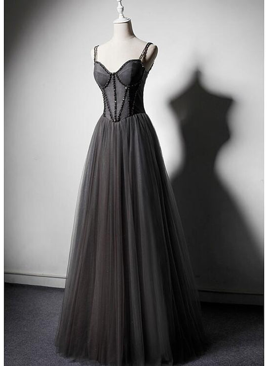 Dark Grey Tulle Straps Long Beaded Party Dress, Grey Long Formal Dresses Prom Dress   cg11411