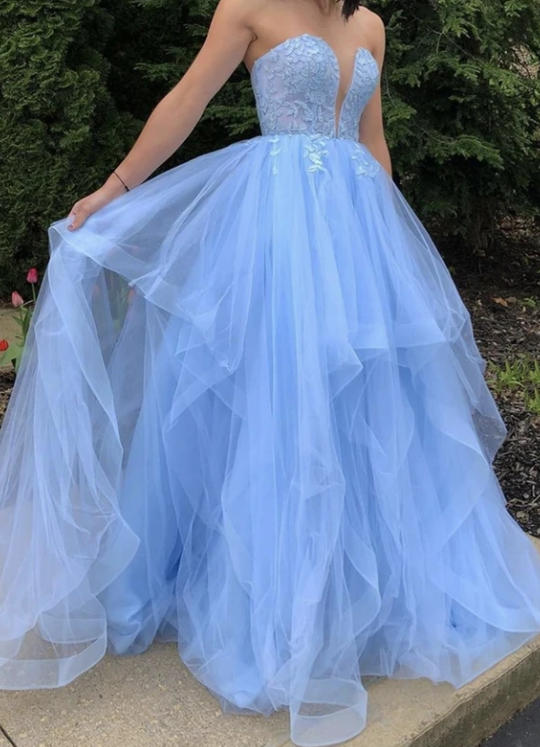 Blue strapless tulle lace long ball gown prom dress   cg11463