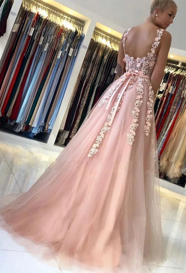 Elegant Backless Long Pink Lace Floral Prom Dress, Pink Lace Formal Graduation Evening Dress   cg11486