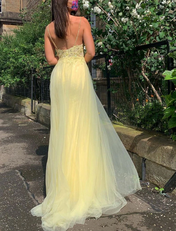 Yellow v neck tulle lace long prom dress yellow formal dress   cg11511
