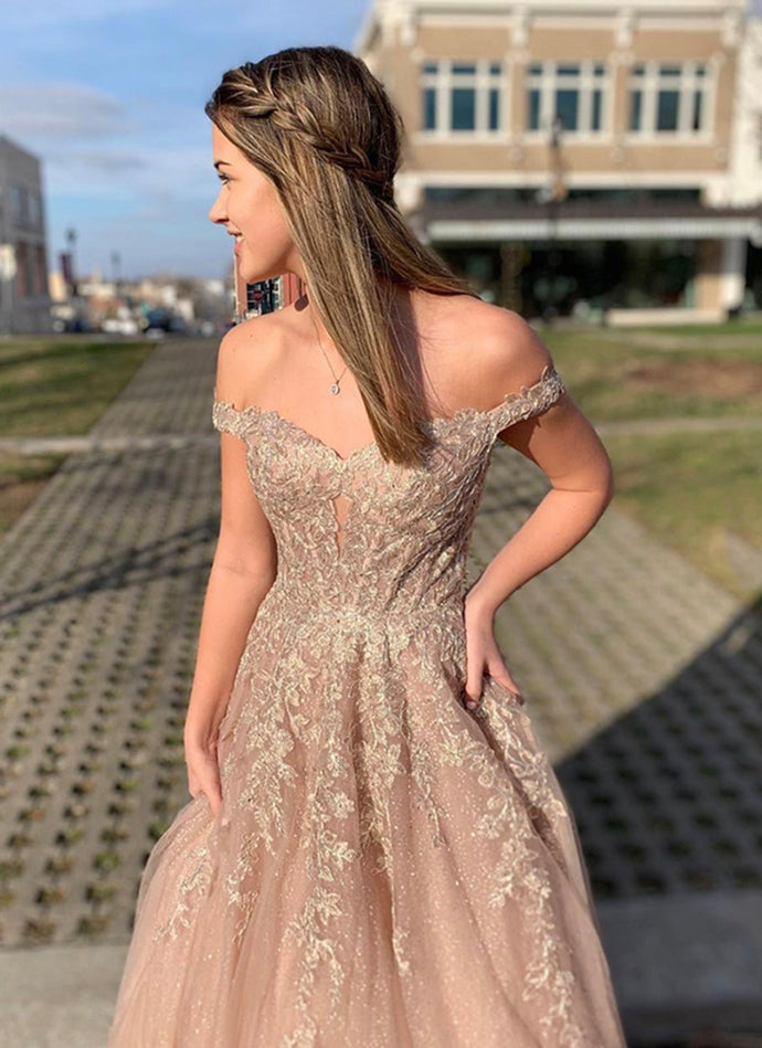 Charming Off Shoulder Tulle Appliques Prom Dress, Champagne Evening Dress   cg11541