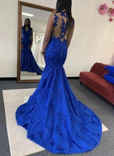 Royal Blue Mermaid Long Evening Dresses with Appliques, Formal prom Gown   cg11542