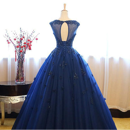Navy Blue Tulle Cap Sleeves Quinceanera Dresses, Blue Beaded Ball Gown Party Dress prom dress evening dress   cg11552
