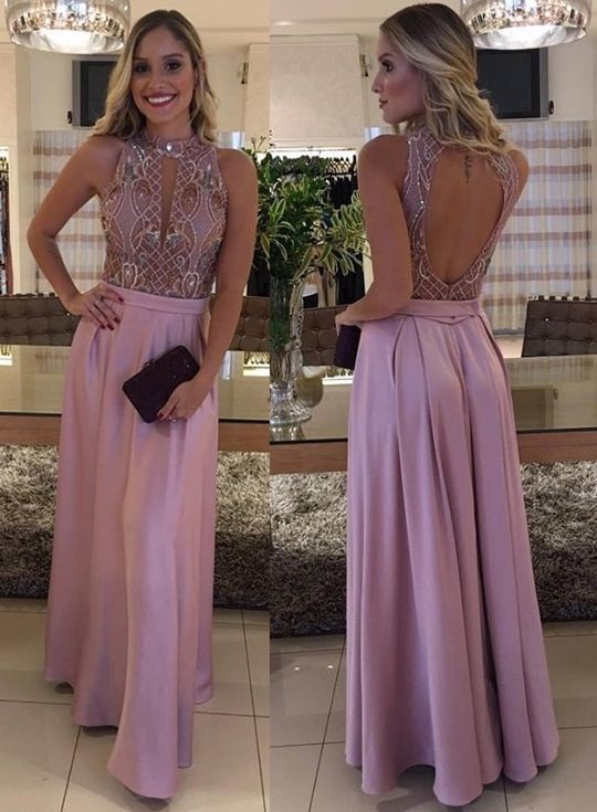 Pink Sleeveless Open Back Prom Dress    cg11572