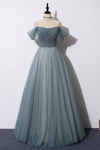 Off the Shoulder Grey Tulle Prom Dress   cg11590