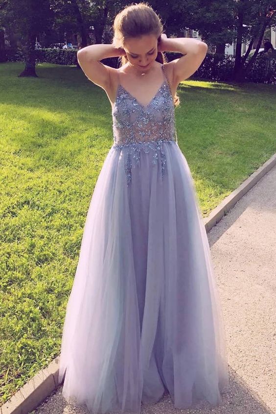 misty blue A-line tulle long formal dress prom dress    cg11600