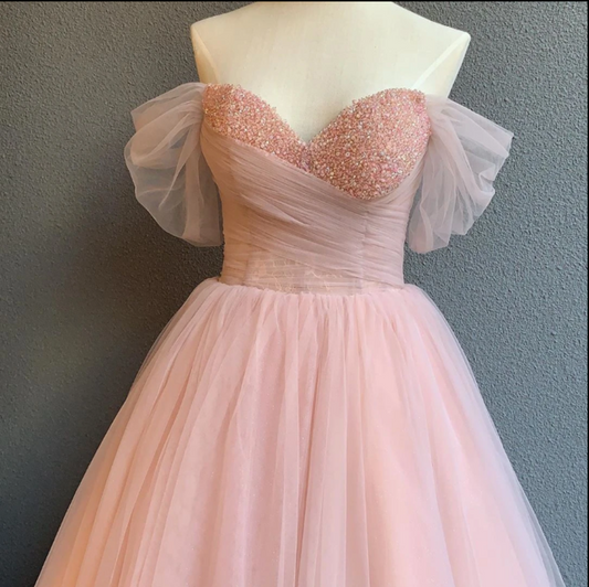 Off The Shoulder Tulle Prom Dress Pearl Pink Prom Dress    cg11640