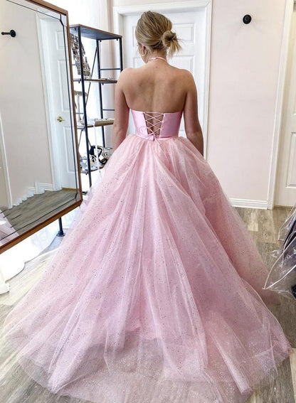 Pink tulle ball gown dress two pieces evening prom dress   cg11684