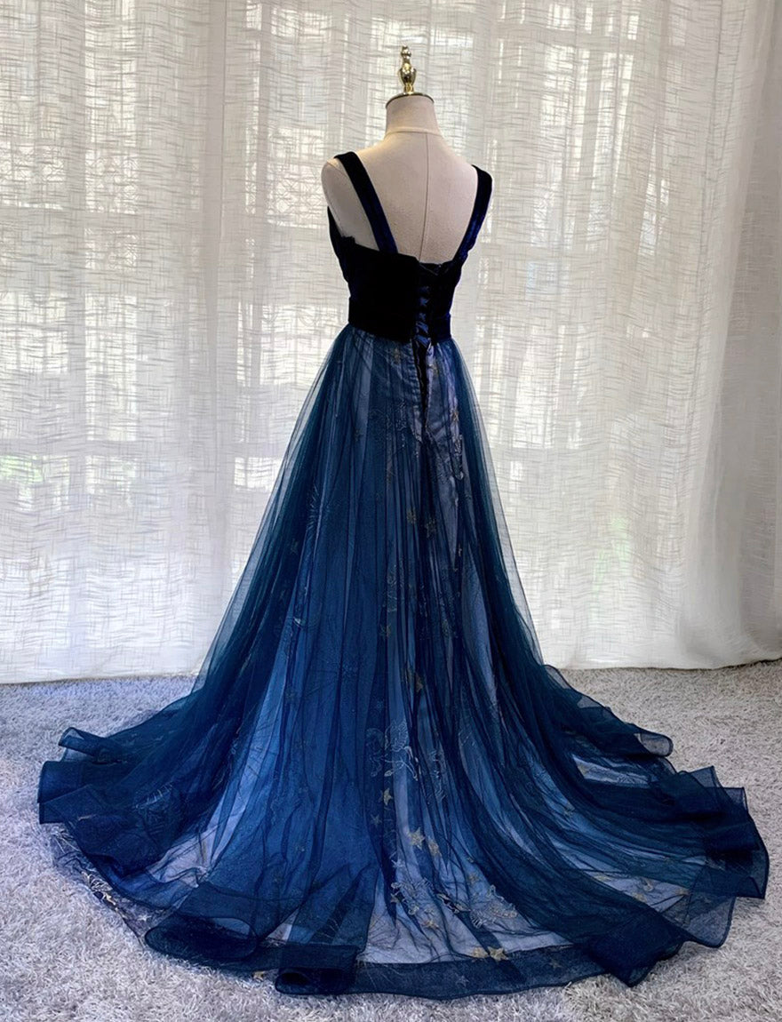 BLUE VELVET TULLE LONG PROM GOWN FORMAL DRESS   cg11689