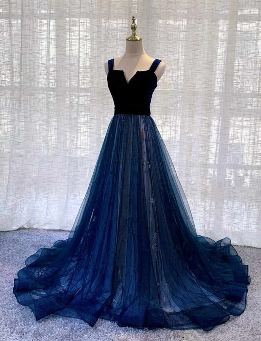 BLUE VELVET TULLE LONG PROM GOWN FORMAL DRESS   cg11689