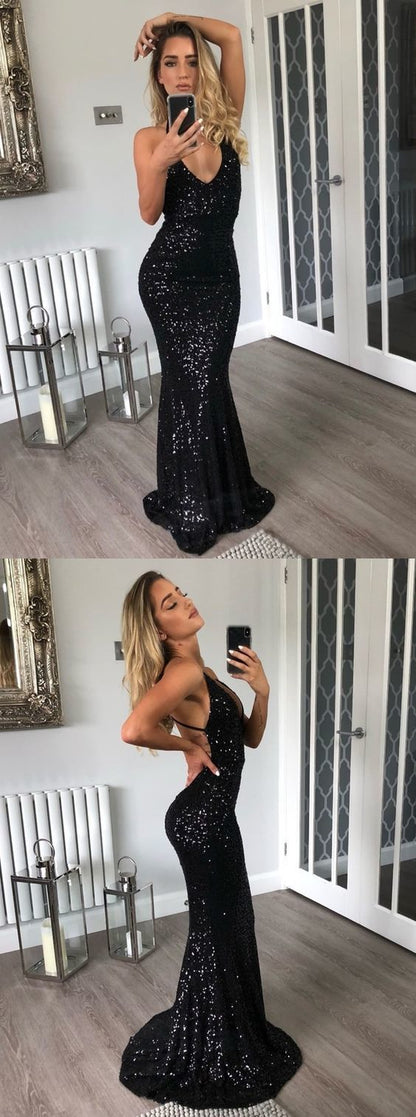 Hot Sexy Charming Spaghetti Straps Mermaid V-Neck Backless Floor-Length Black Sequined Prom Dress cg1170
