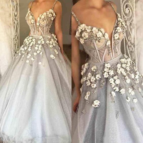 Customize Ball Gown Prom Dress Grey Spaghetti V-Neck Tulle Illusion Aline Flowers Dress Evening Wear Formal Dress Elegant  cg11732