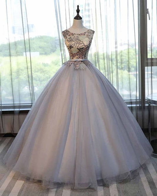 Gray tulle scoop neck long lace formal prom dress   cg11995