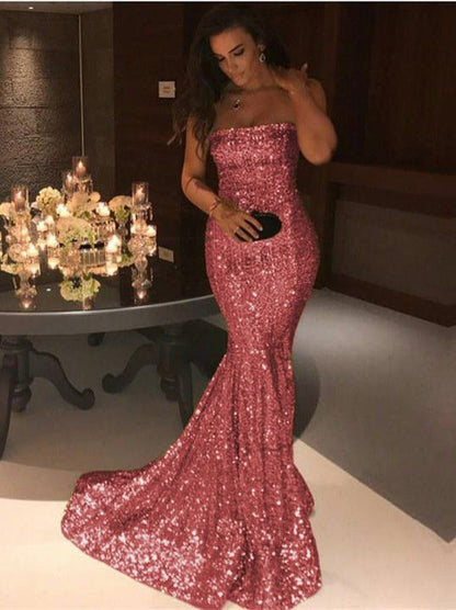 Shiny Royal Blue Sequin Mermaid Strapless Long Prom Dress Formal Evening Dresses    cg12044