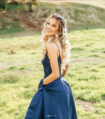 Navy Prom Dress,A-Line Prom Gown,Satin Evening Dress,Appliques Prom Gown    cg12090