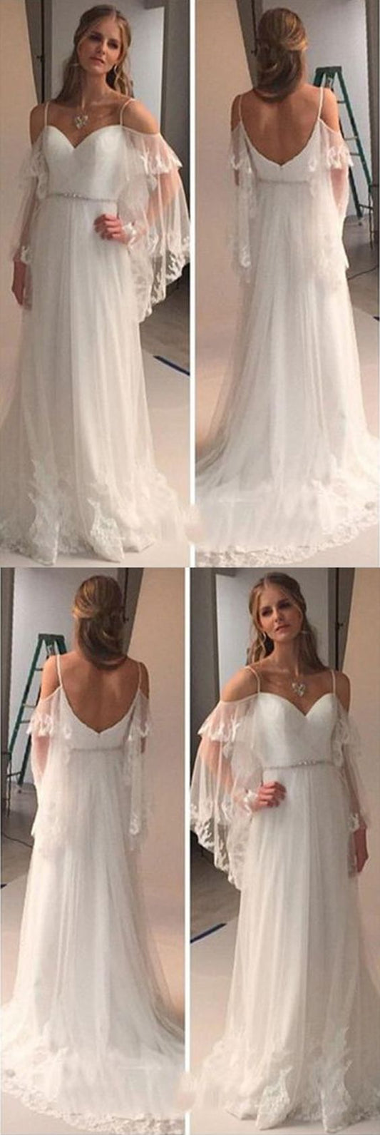 Elegant Cold Shoulders Hippie A Line Tulle Long Sweep Train Wedding prom Dress    cg12166